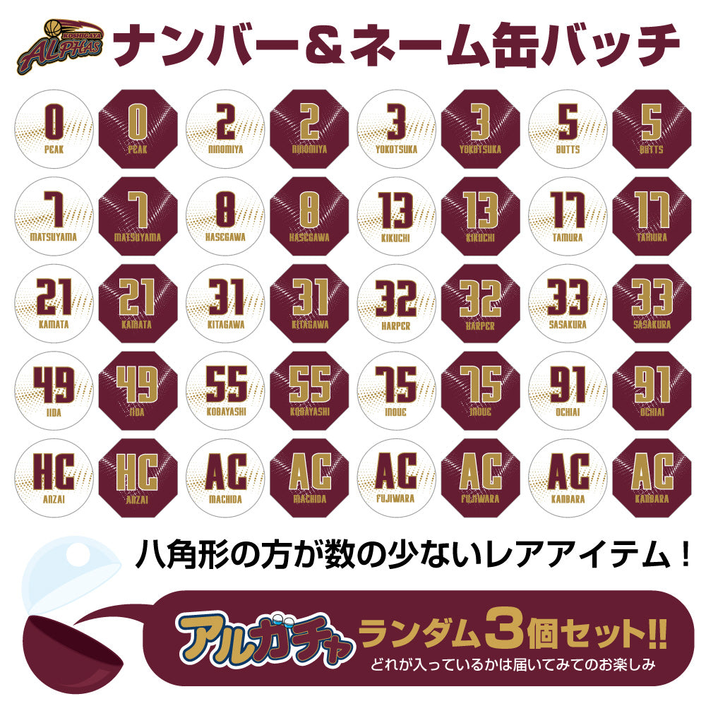 【ガチャ】ナンバー&ネーム缶バッチ 3個セット